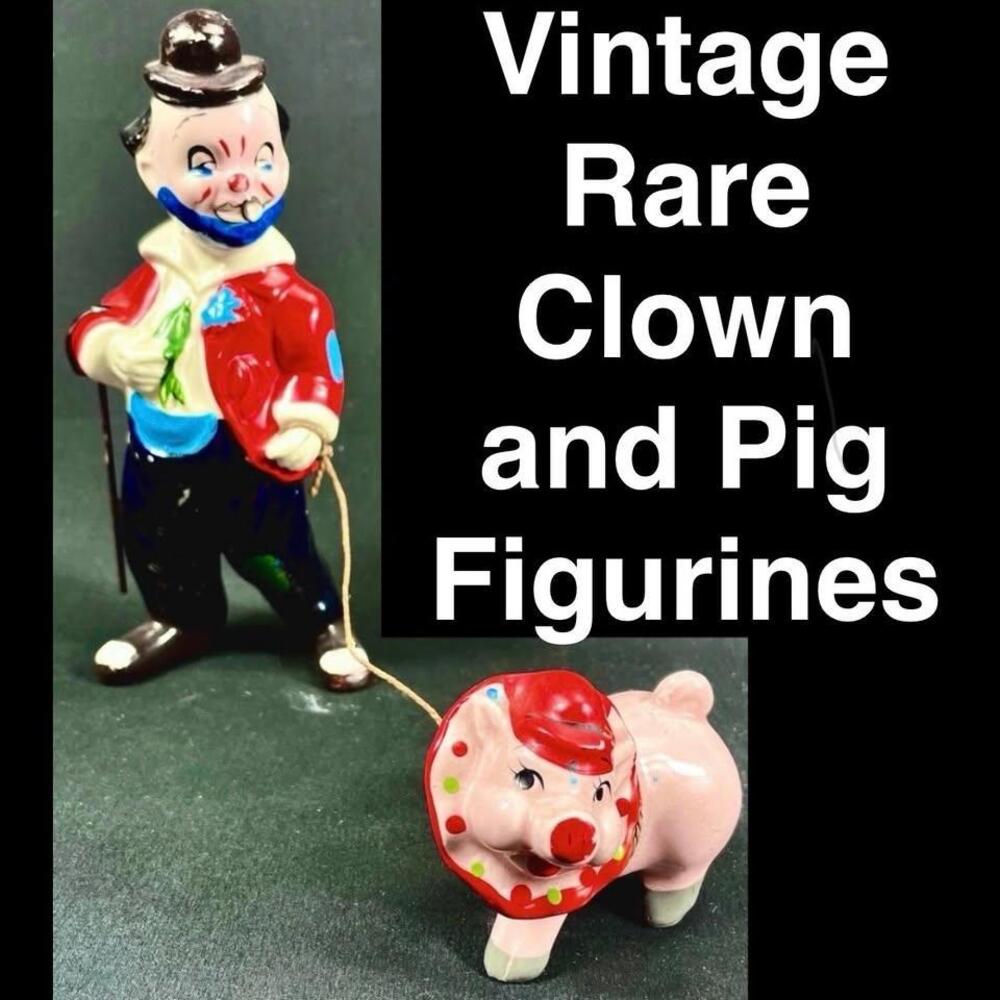 •WOW RARE Collector's Porcelain KREISS & CO Clown & Cute Pig Figurine on Rope